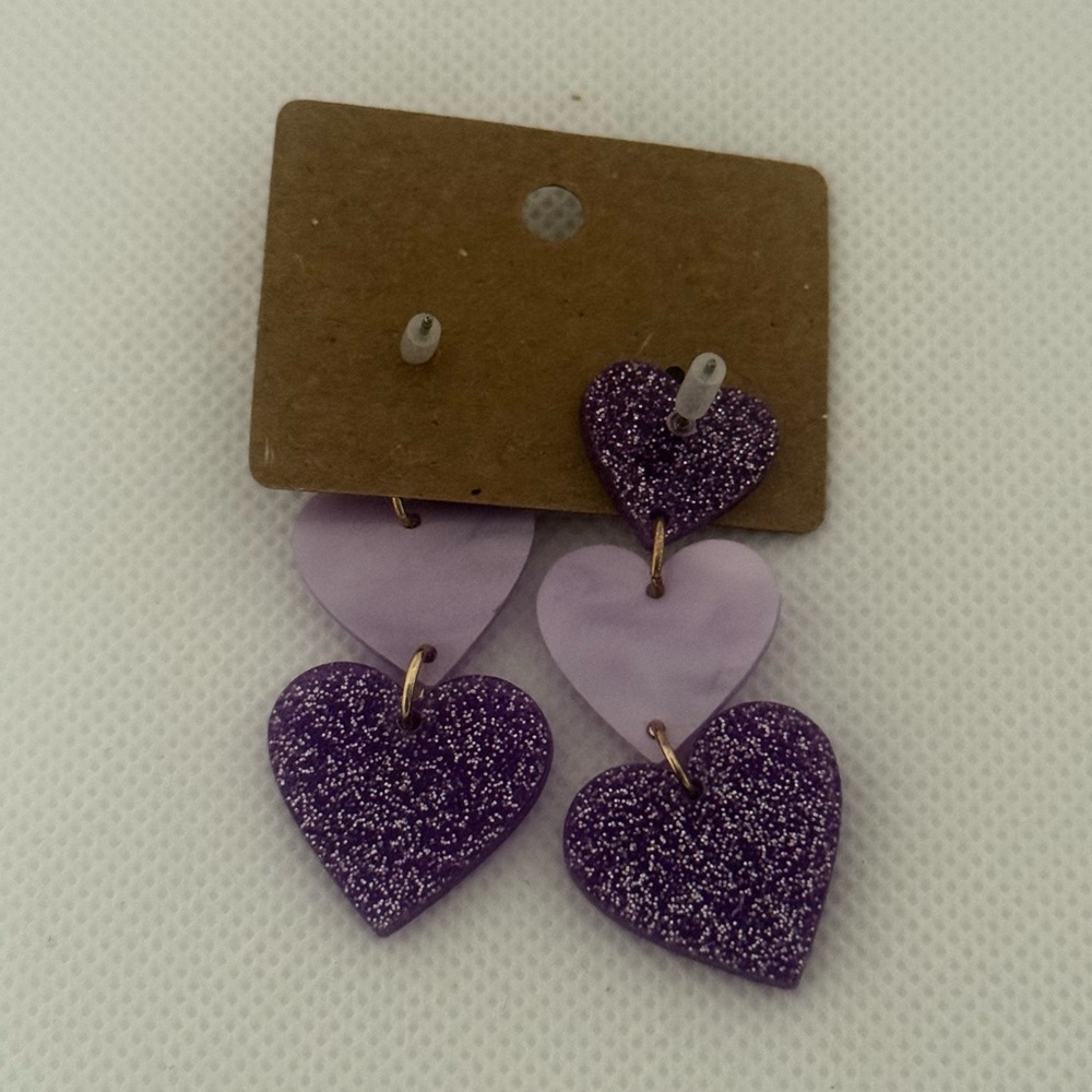 Purple Acrylic Heart Drop Earrings β Glitter & Marble Mix β NWT - Picture 5 of 6